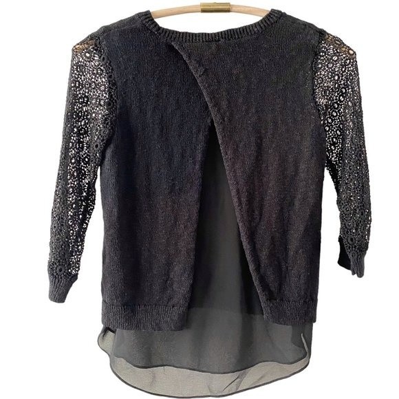 Lucky Brand Tops - Lucky Brand Black 3/4 Lace Crochet Sleeve Knit Split Back Sheer Lined Crew XS